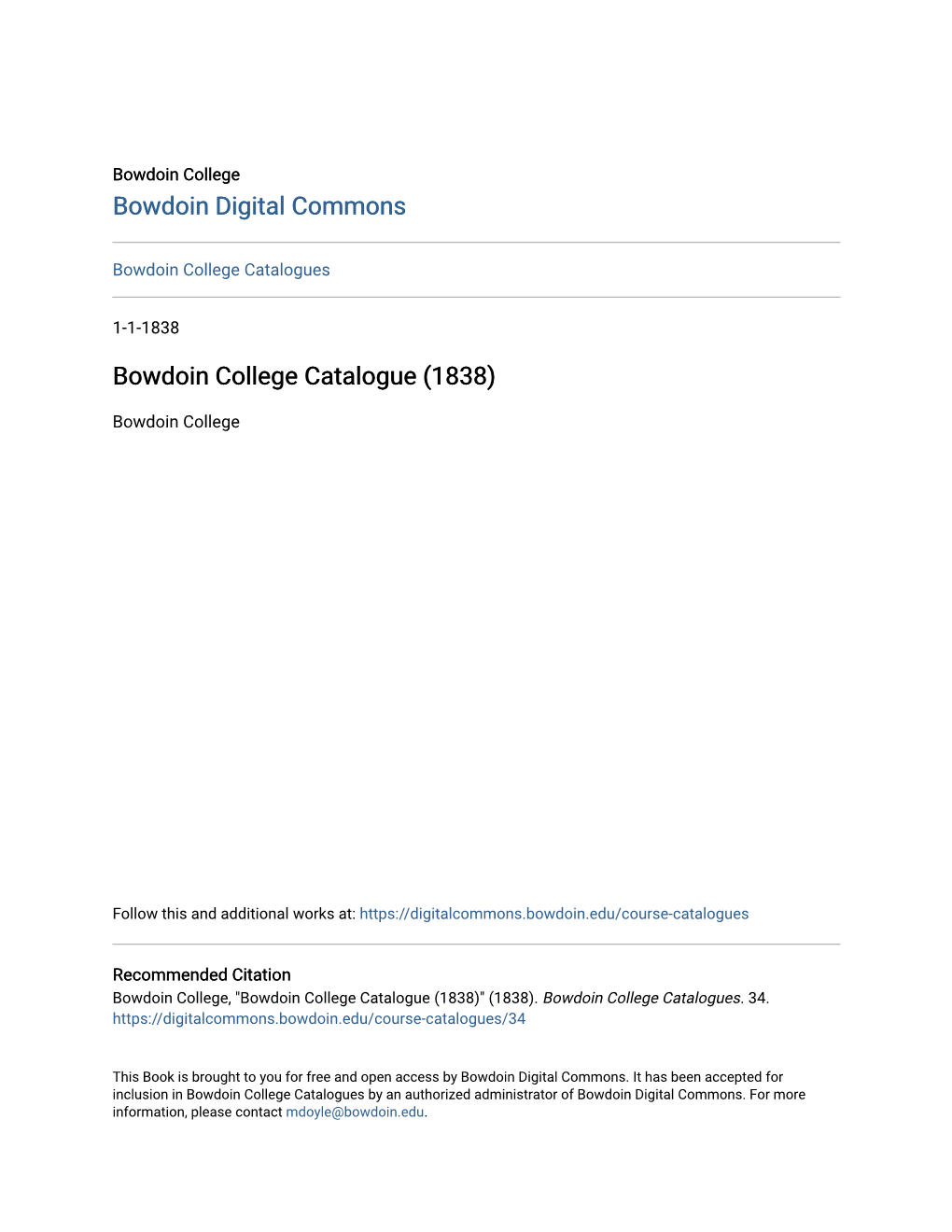 Bowdoin College Catalogue (1838)