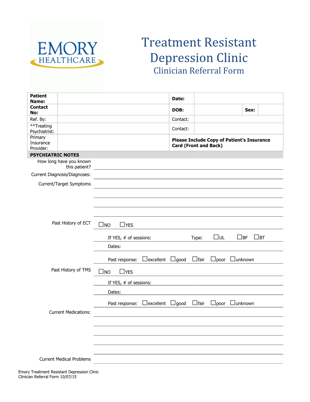 Treatment Resistant Depression Clinic Clinician Referral Form