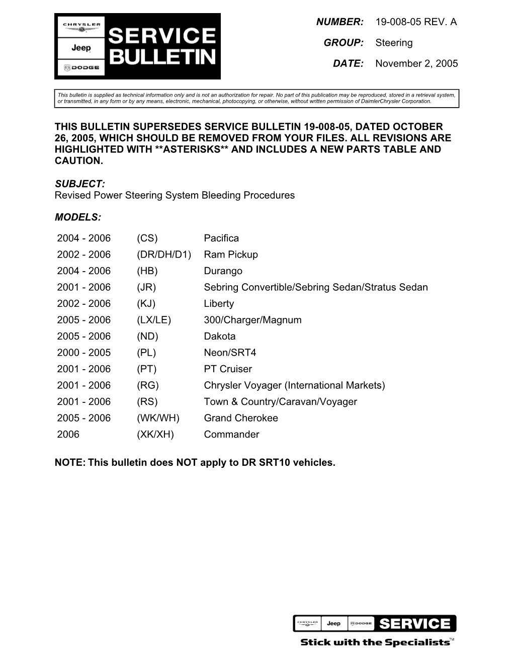 This Bulletin Supersedes Service Bulletin 19-008-05, Dated October 26, 2005, Which Should Be Removed from Your Files