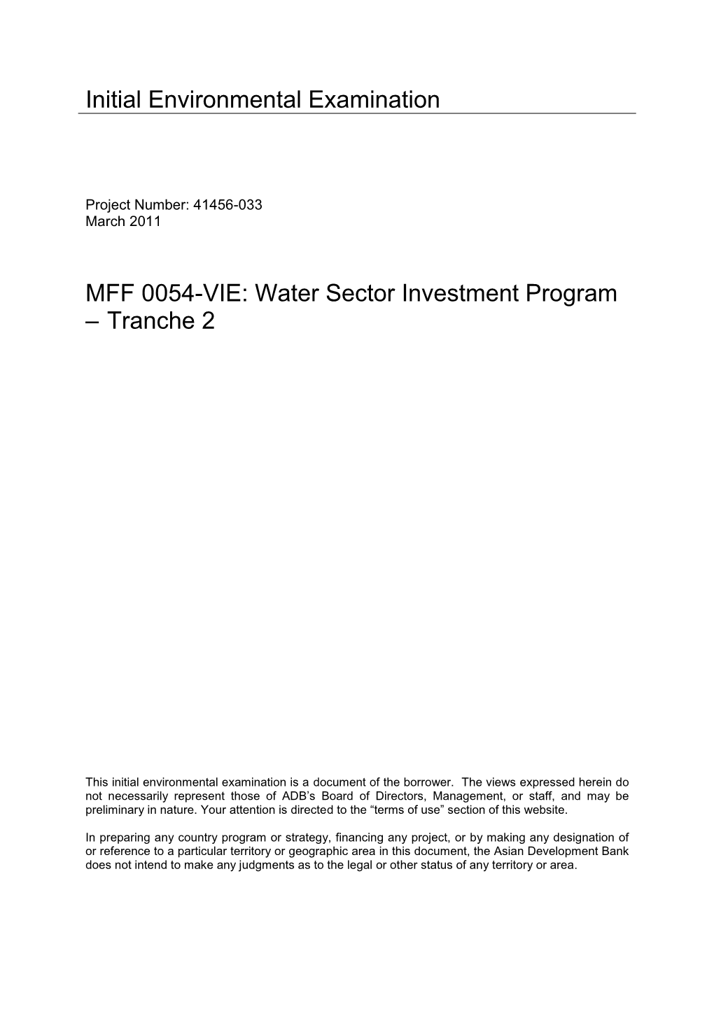 Draft IEE: Viet Nam: Water Sector Investment Program