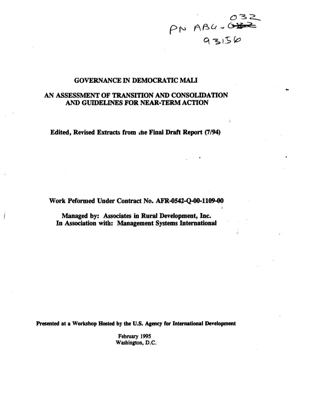 Governance in Democratic Mali an Assessment of Transition and Consolidation