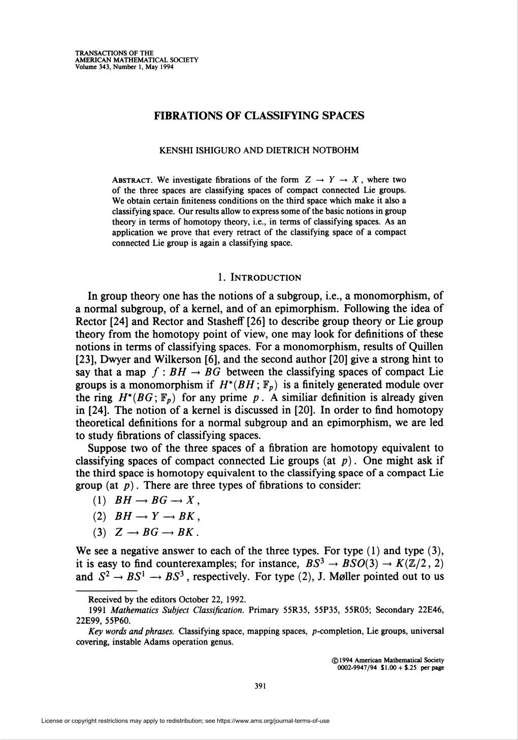 Fibrations of Classifying Spaces (1) 577