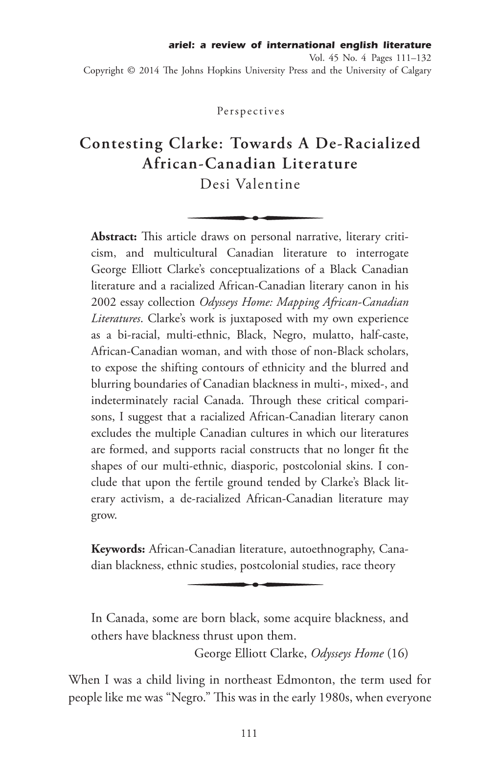 Towards a De-Racialized African-Canadian Literature Desi Valentine