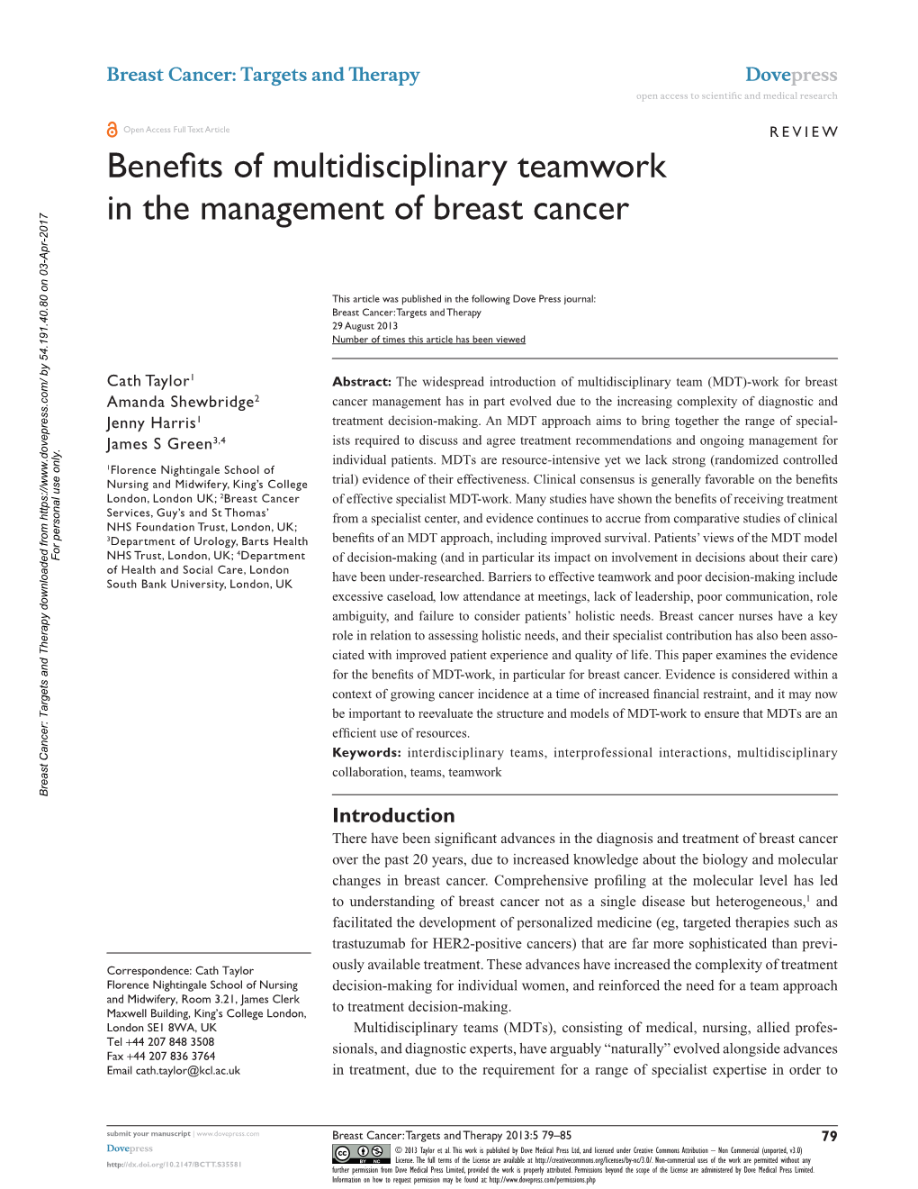 Benefits of Multidisciplinary Teamwork in the Management of Breast Cancer