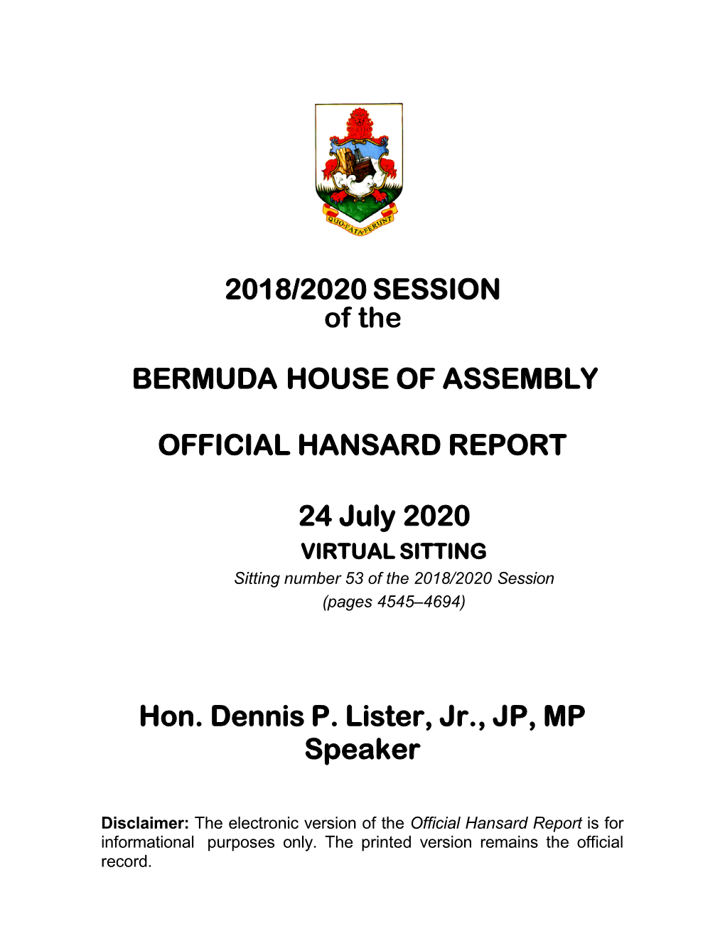 2018/2020 SESSION of the BERMUDA HOUSE of ASSEMBLY