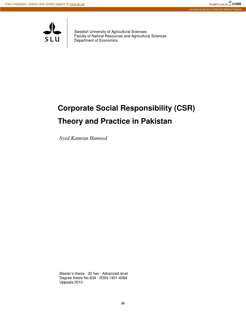 Corporate Social Responsibility (CSR) Theory and Practice in Pakistan