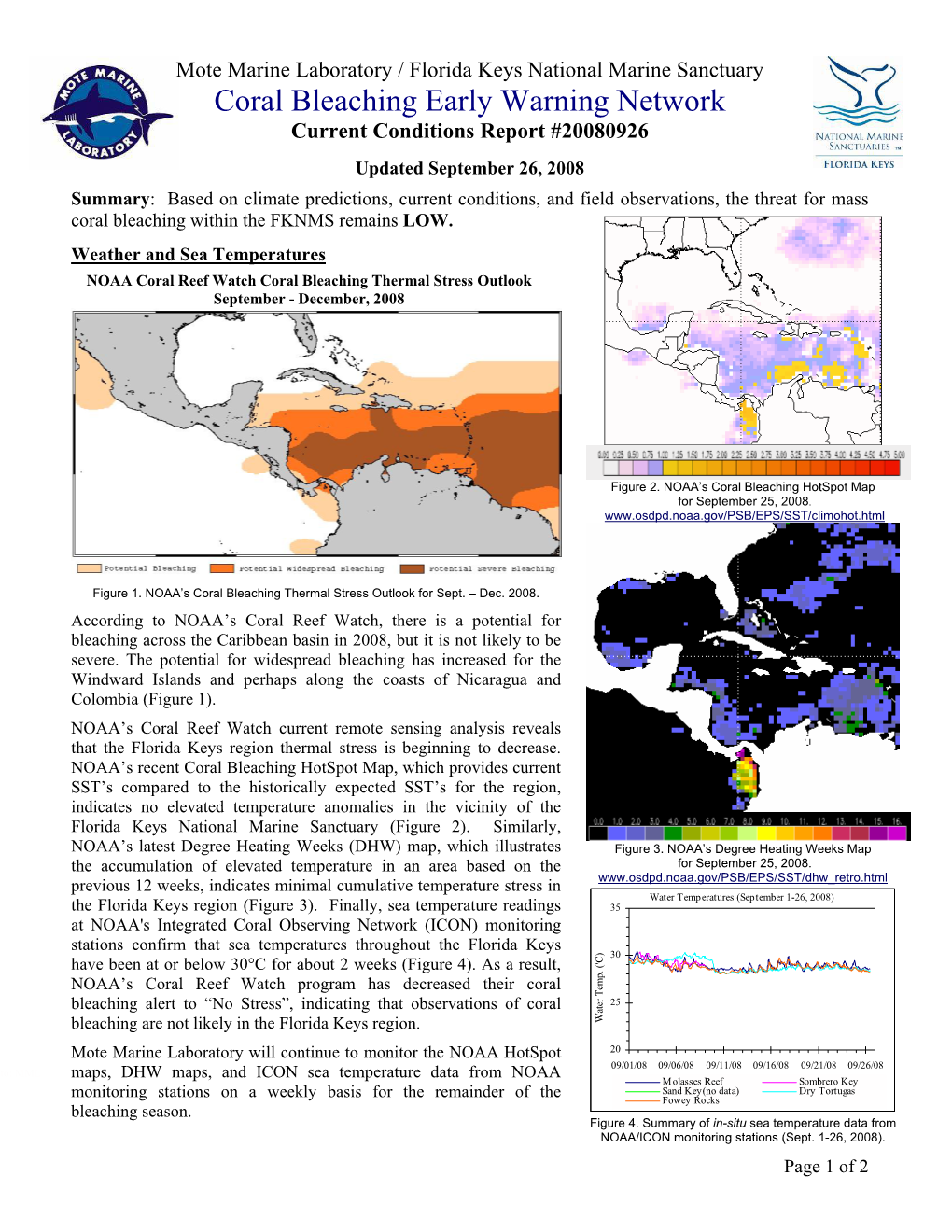 Coral Bleaching Early Warning Network Current Conditions Report #20080926