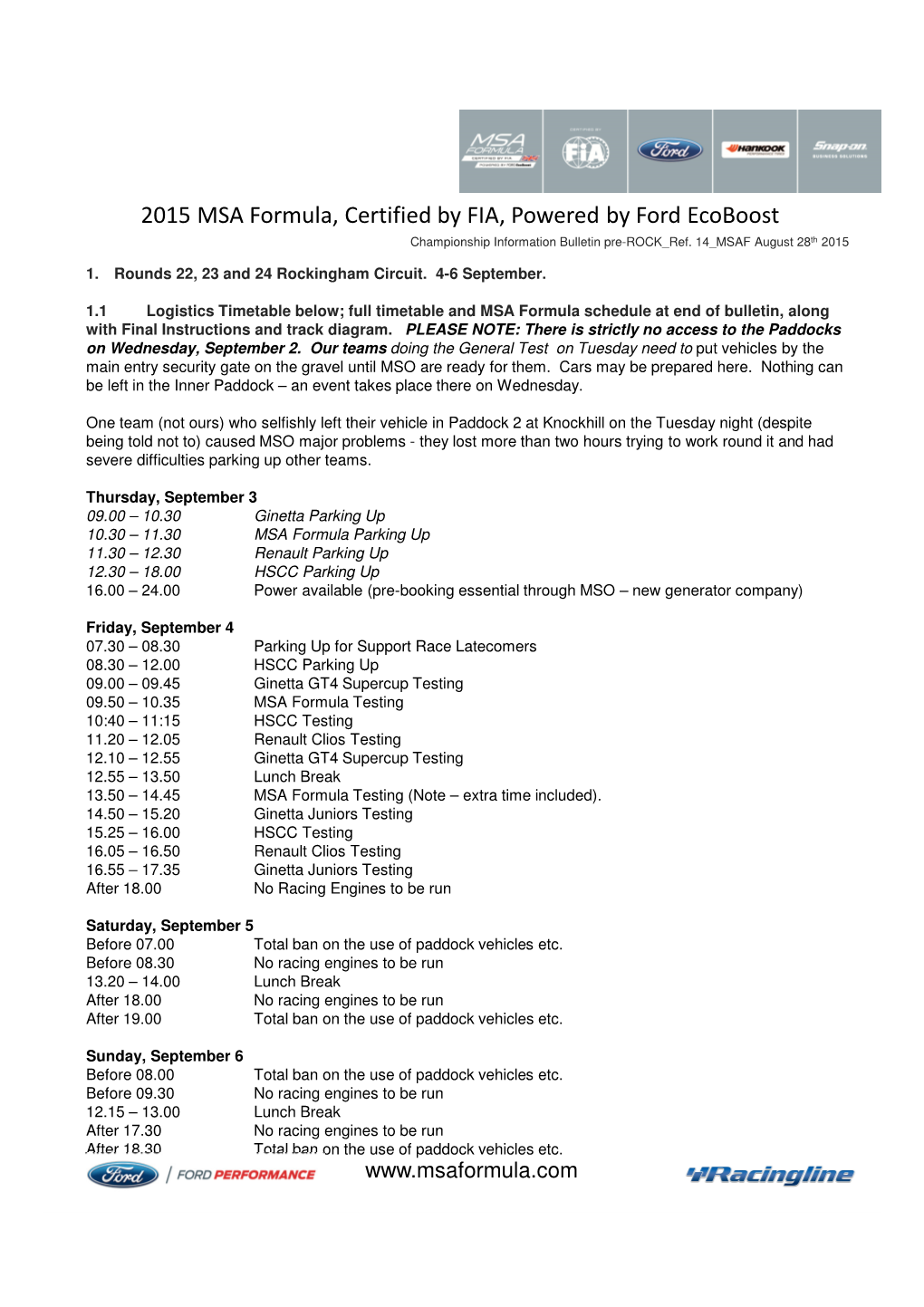 2015 MSA Formula, Certified by FIA, Powered by Ford Ecoboost Championship Information Bulletin Pre-ROCK Ref