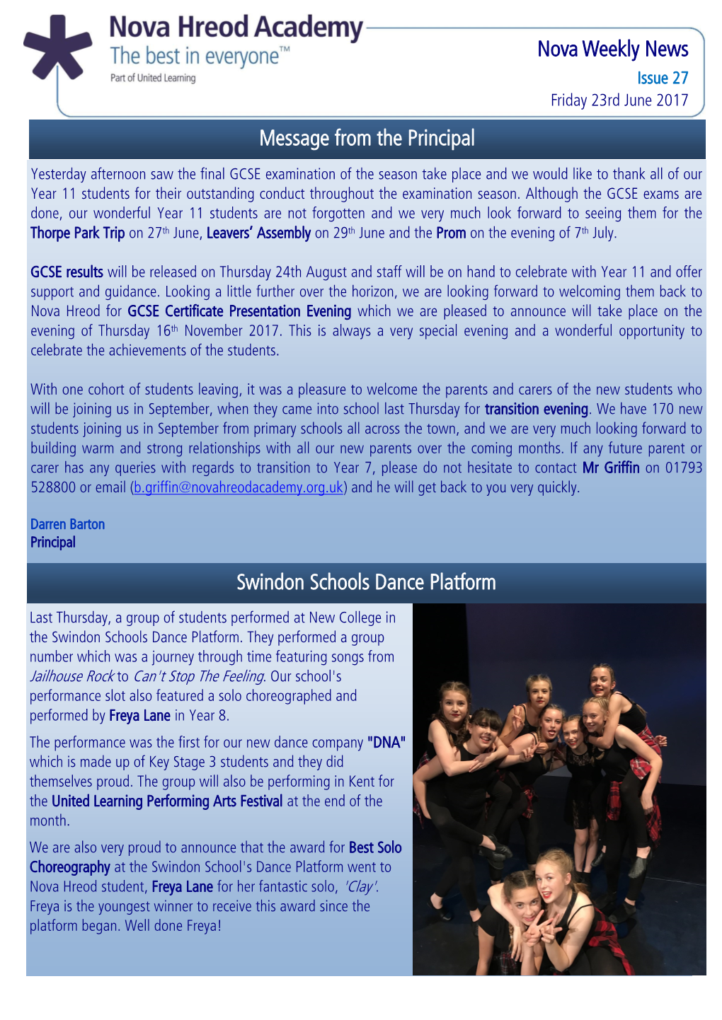 Nova Weekly News Message from the Principal Swindon Schools Dance