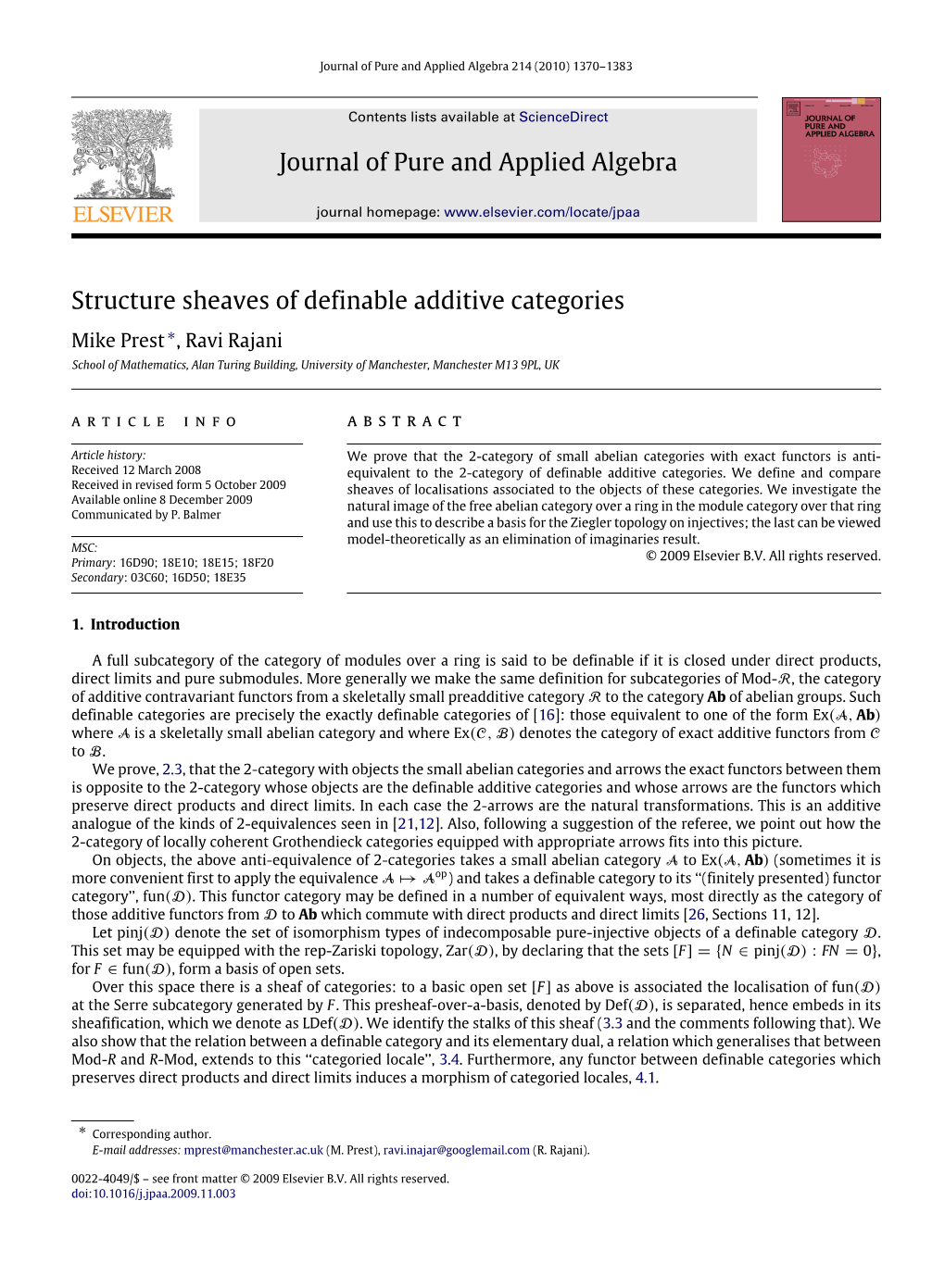 Journal of Pure and Applied Algebra Structure Sheaves of Definable