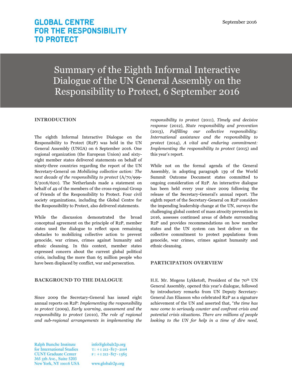 Summary of the Eighth Informal Interactive Dialogue of the UN General Assembly on the Responsibility to Protect, 6 September 2016