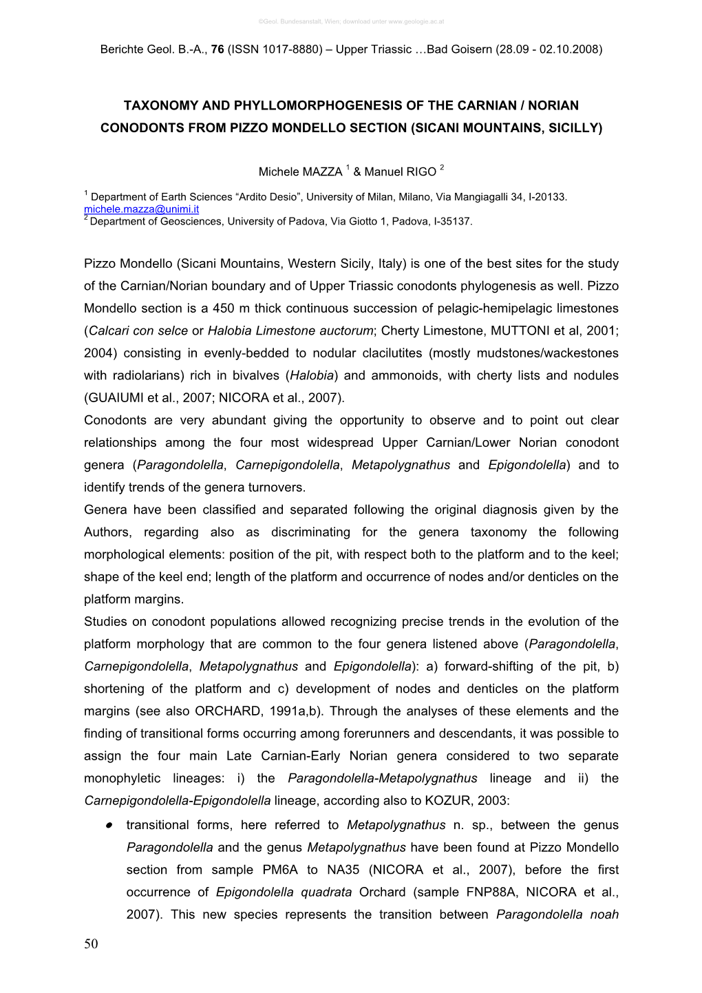 Taxonomy and Phyllomorphogenesis of the Carnian / Norian Conodonts from Pizzo Mondello Section (Sicani Mountains, Sicilly)