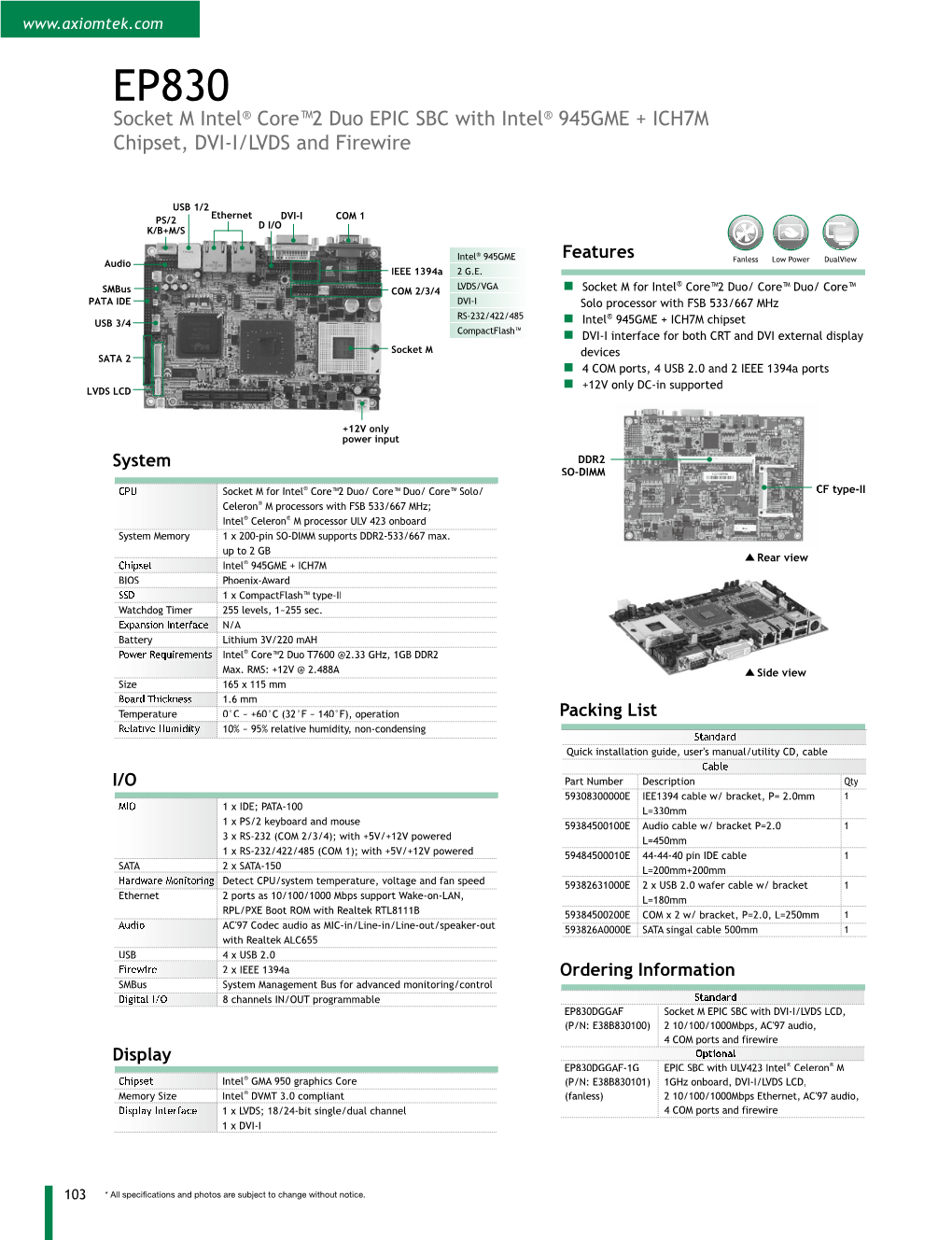 Socket M Intel® Core™2 Duo EPIC SBC with Intel® 945GME + ICH7M Chipset, DVI-I/LVDS and Firewire