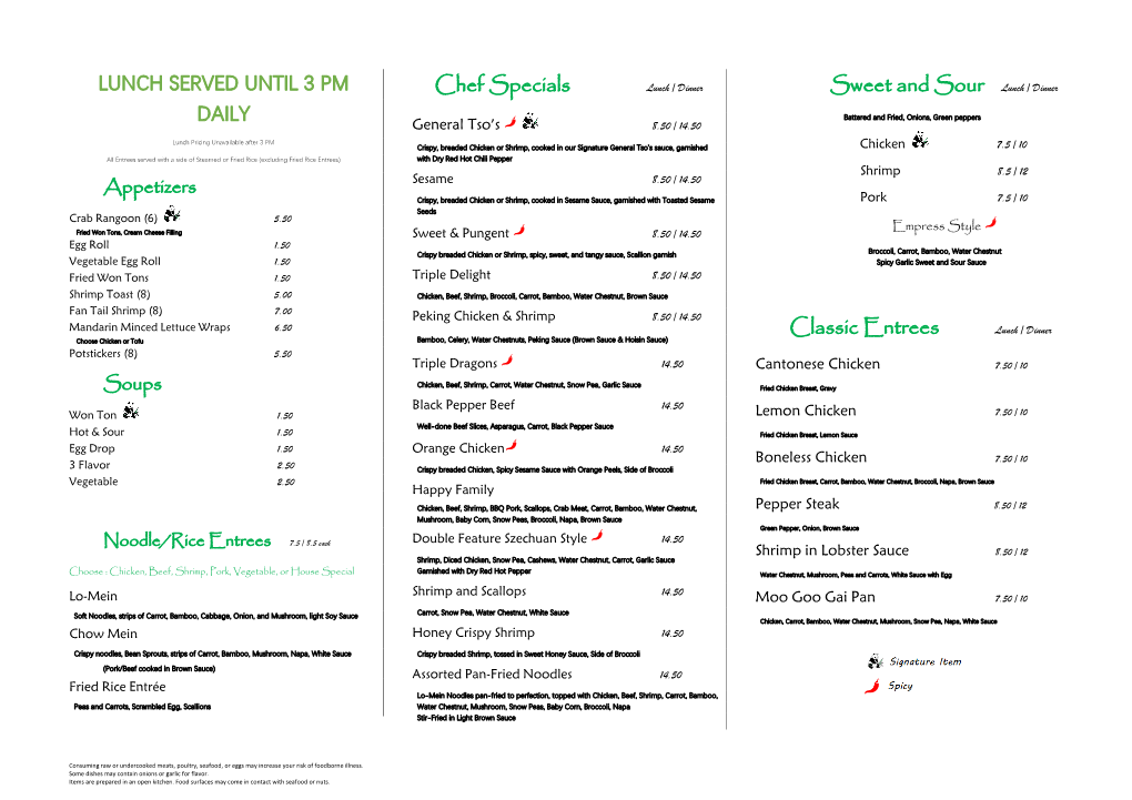 Chef Specials Sweet and Sour Lunch / Dinner Classic Entrees