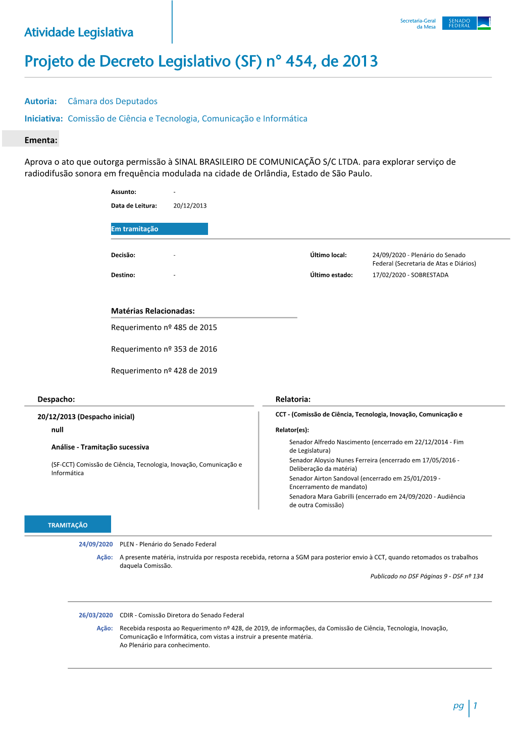 Projeto De Decreto Legislativo (SF) N° 454, De 2013