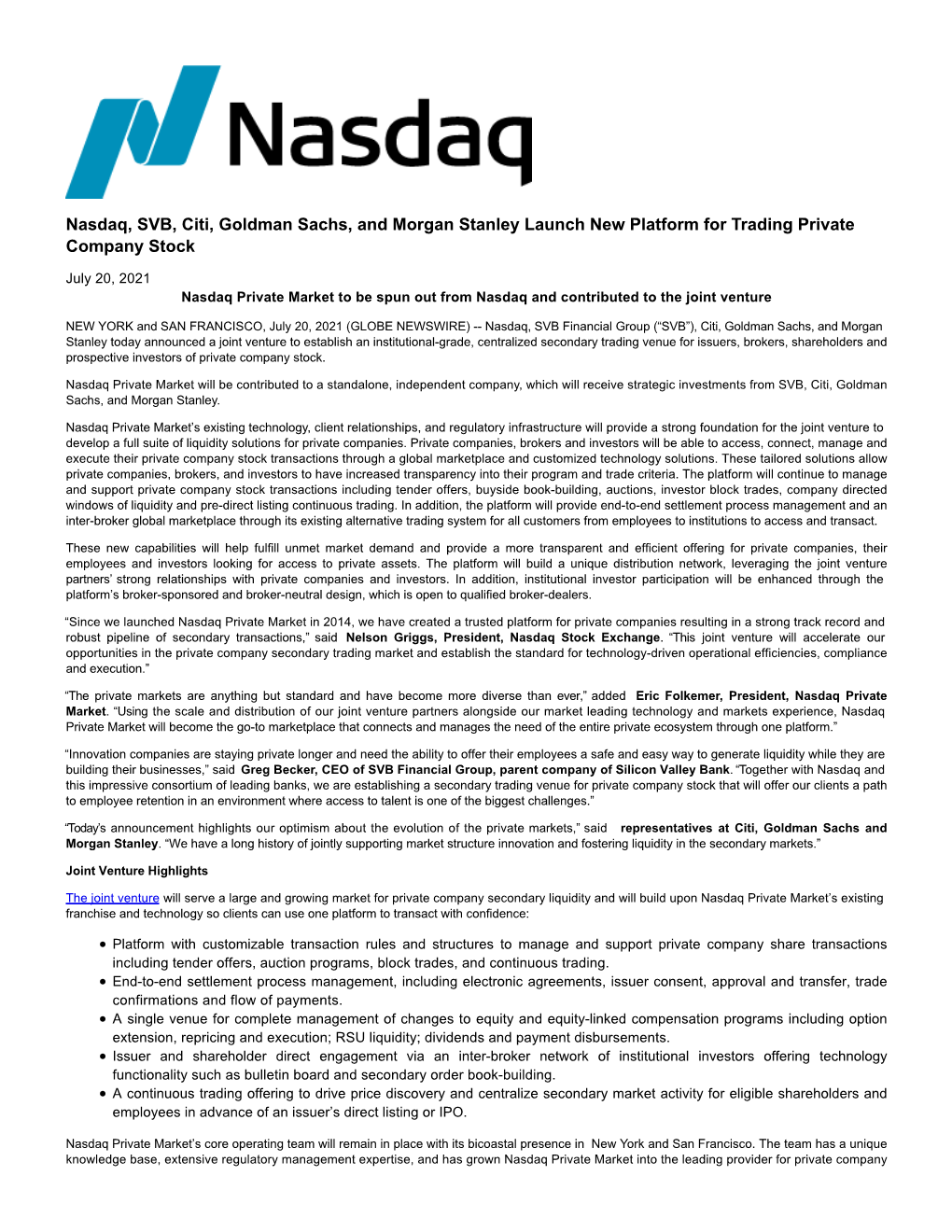 Nasdaq, SVB, Citi, Goldman Sachs, and Morgan Stanley Launch New Platform for Trading Private Company Stock