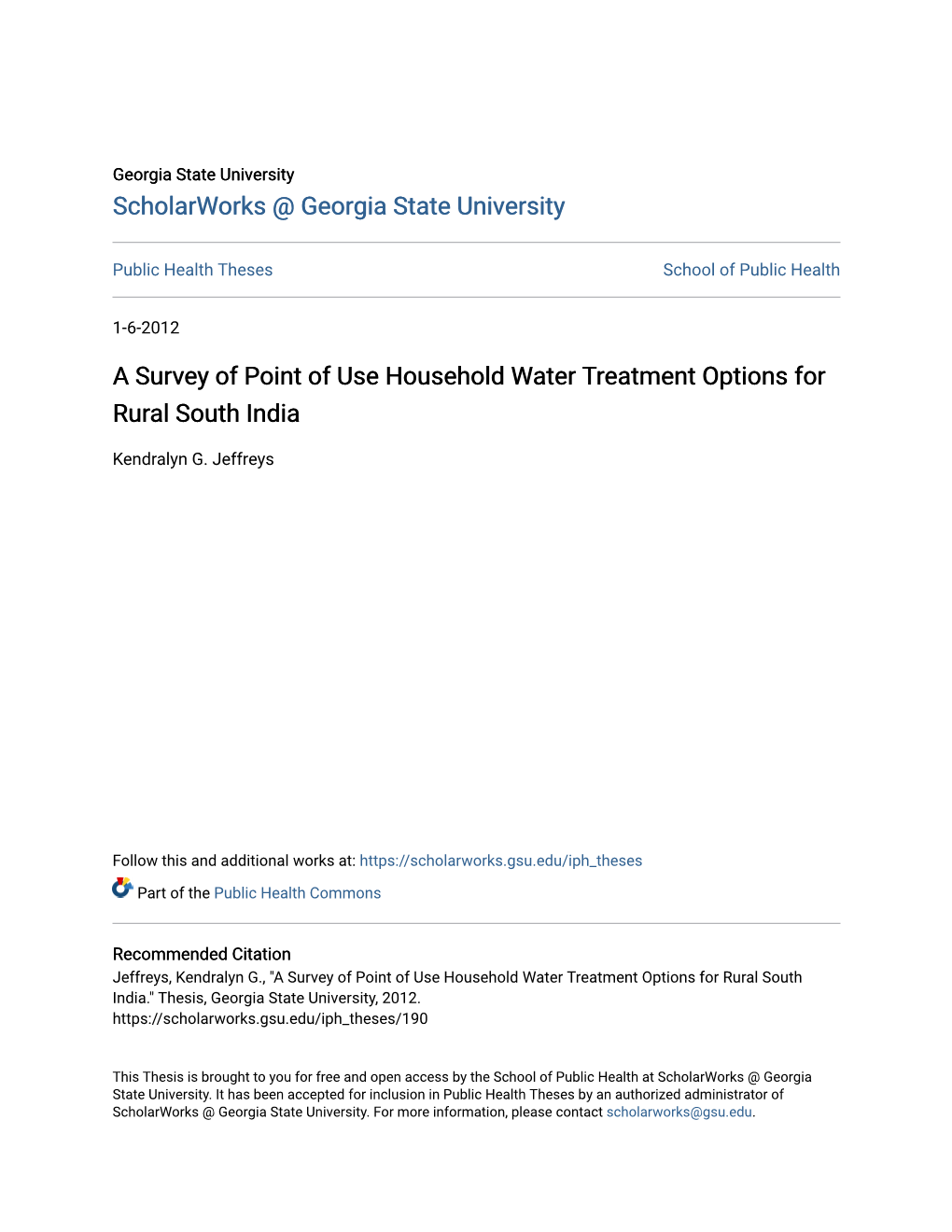 A Survey of Point of Use Household Water Treatment Options for Rural South India