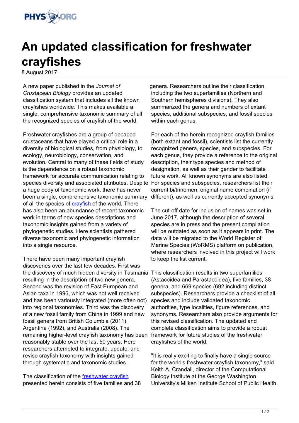 An Updated Classification for Freshwater Crayfishes 8 August 2017