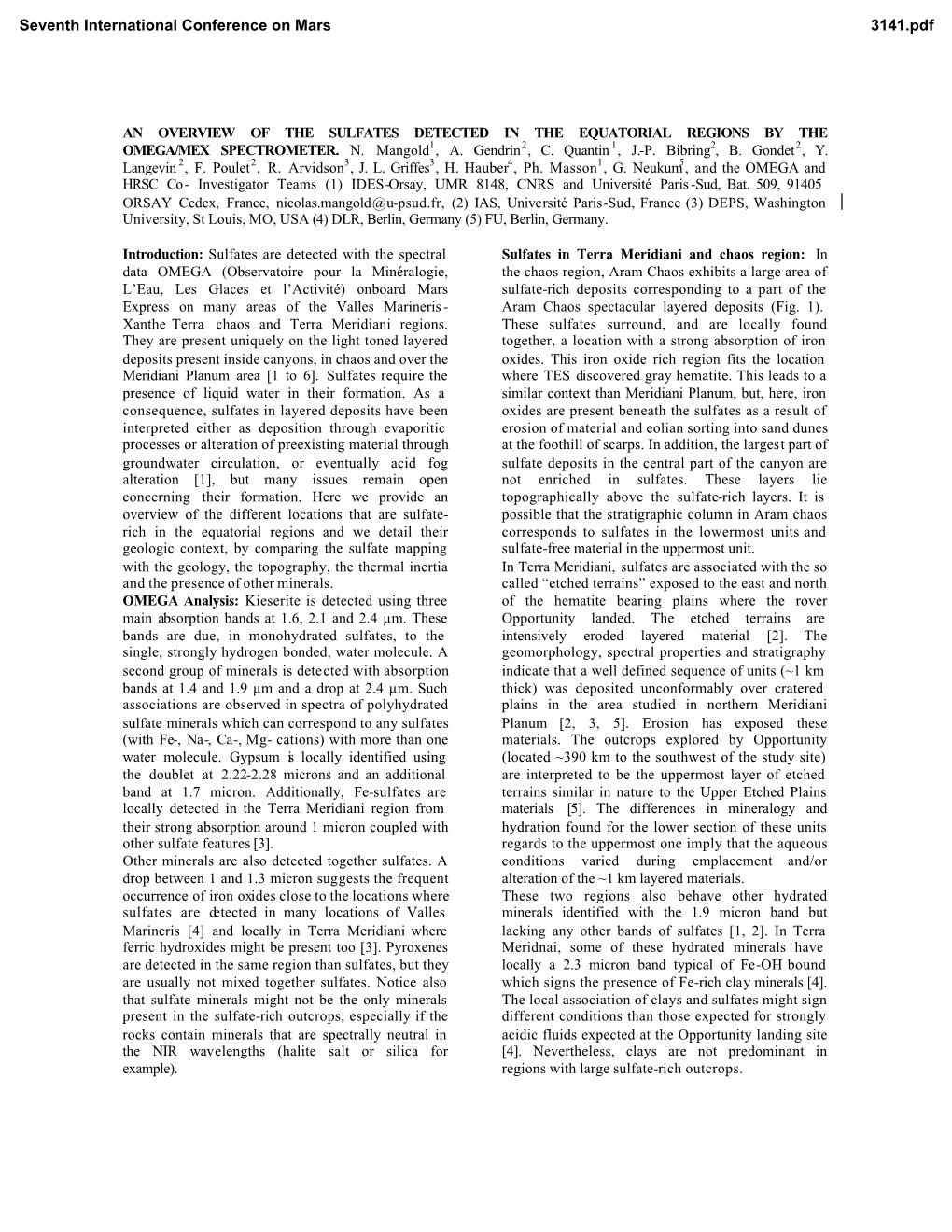 An Overview of the Sulfates Detected in the Equatorial Regions by the Omega/Mex Spectrometer