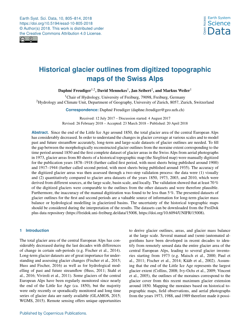 Historical Glacier Outlines from Digitized Topographic Maps of the Swiss Alps