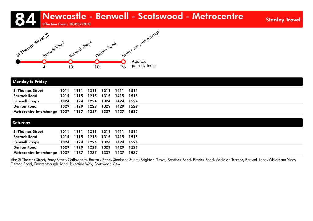 Newcastle - Benwell - Scotswood - Metrocentre Stanley Travel 84 Effective From: 18/03/2018