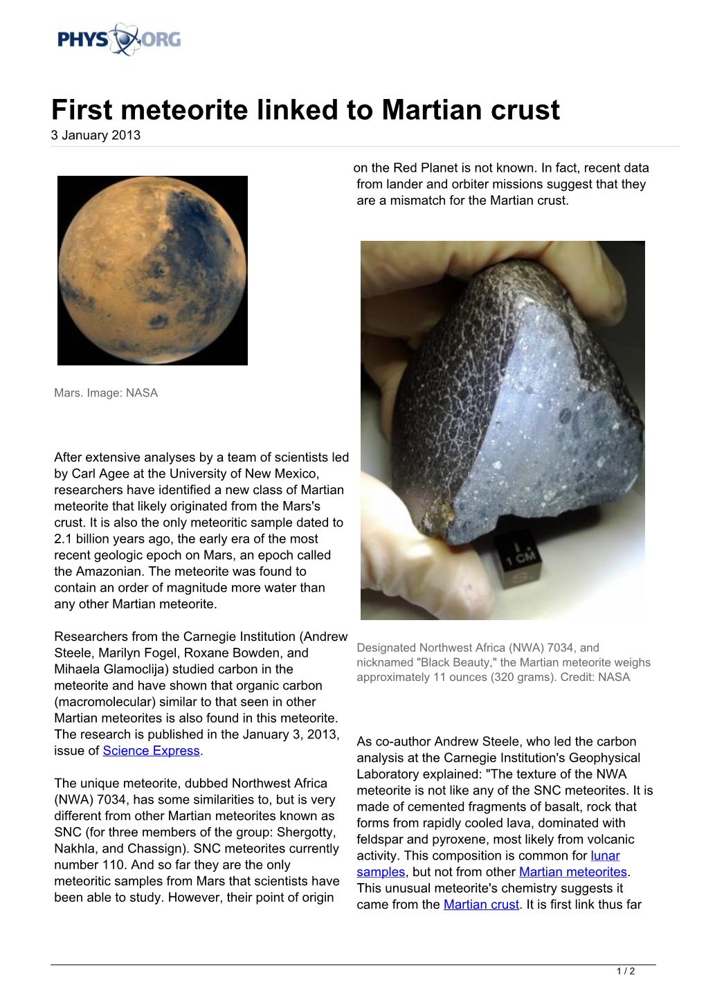 First Meteorite Linked to Martian Crust 3 January 2013