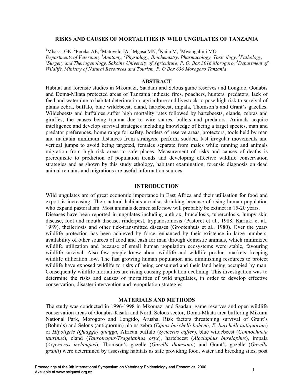 Risks and Causes of Mortalities in Wild Ungulates of Tanzania