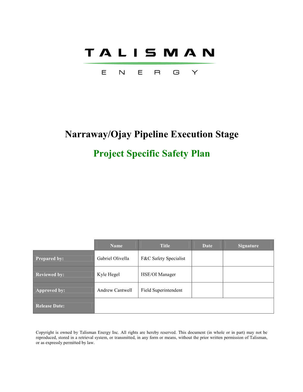 Cardium Oil Early Development HSEOI Management Plan