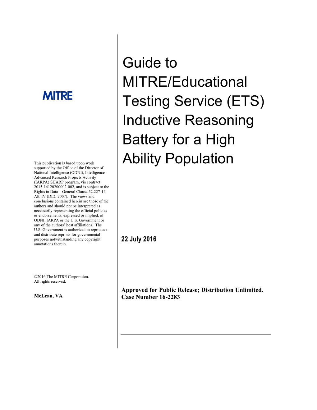 (ETS) Inductive Reasoning Battery for a High Ability Population