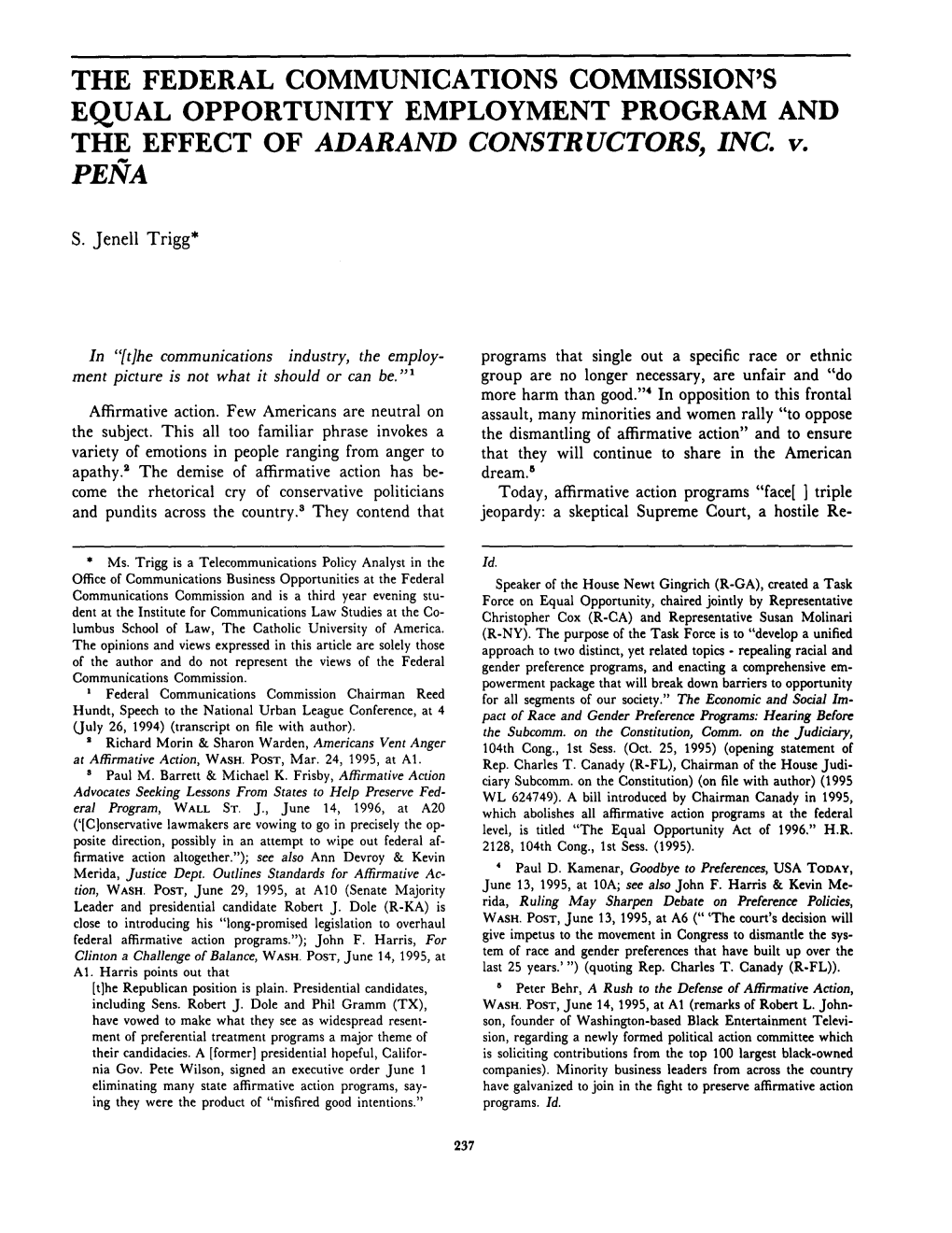 The Federal Communications Commission's Equal Opportunity Employment Program and the Effect of Adarand Constructors, Inc