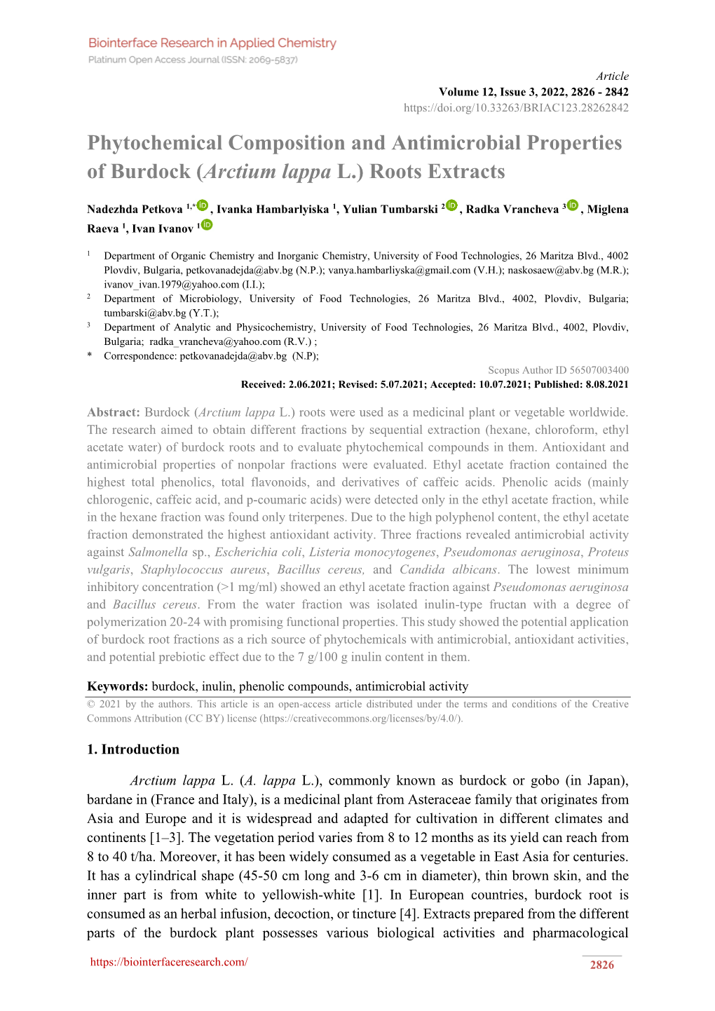 Arctium Lappa L.) Roots Extracts