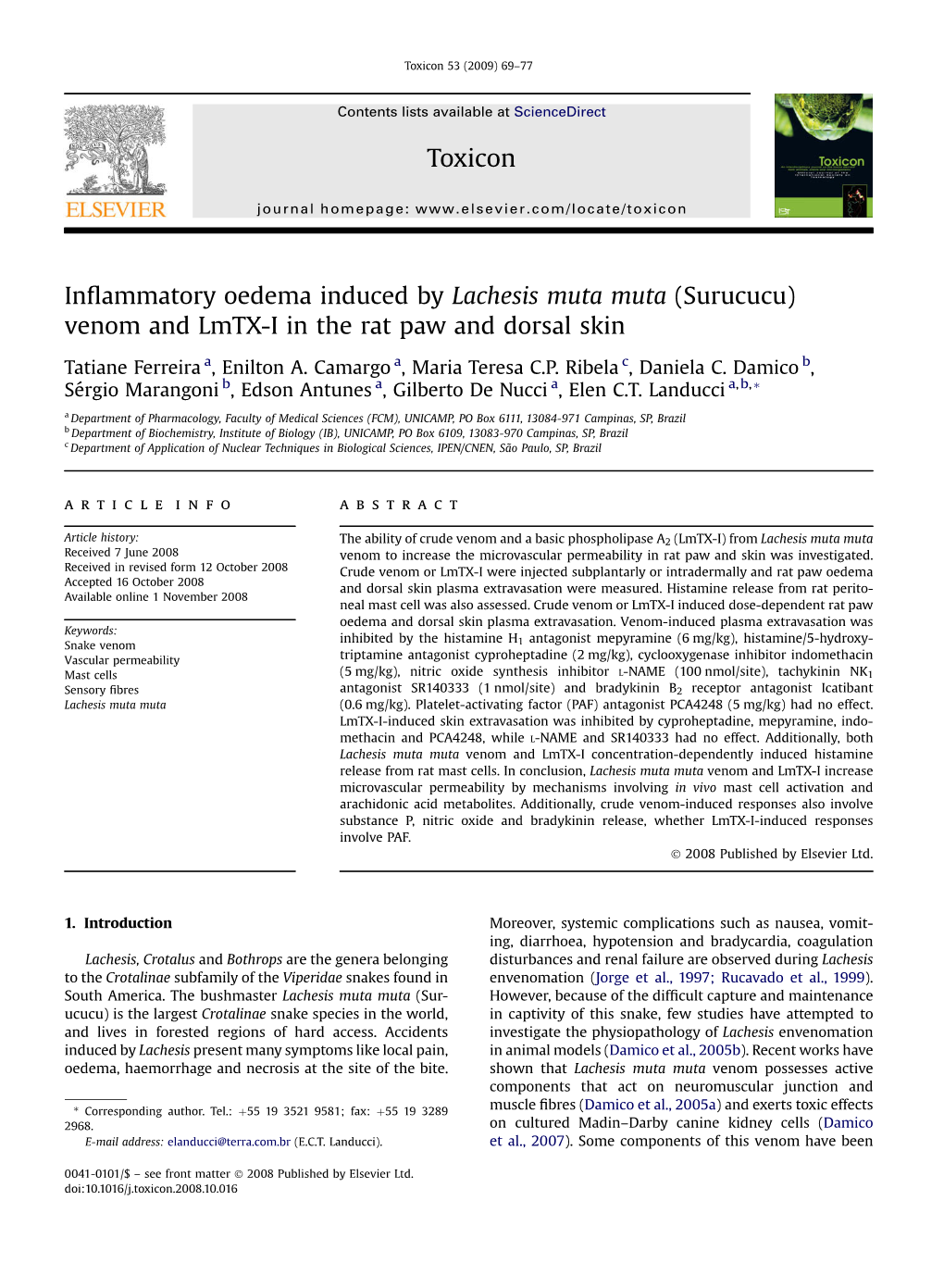 Inflammatory Oedema Induced by Lachesis Muta Muta