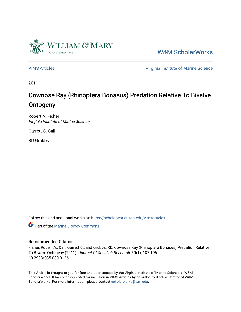 Cownose Ray (Rhinoptera Bonasus) Predation Relative to Bivalve Ontogeny