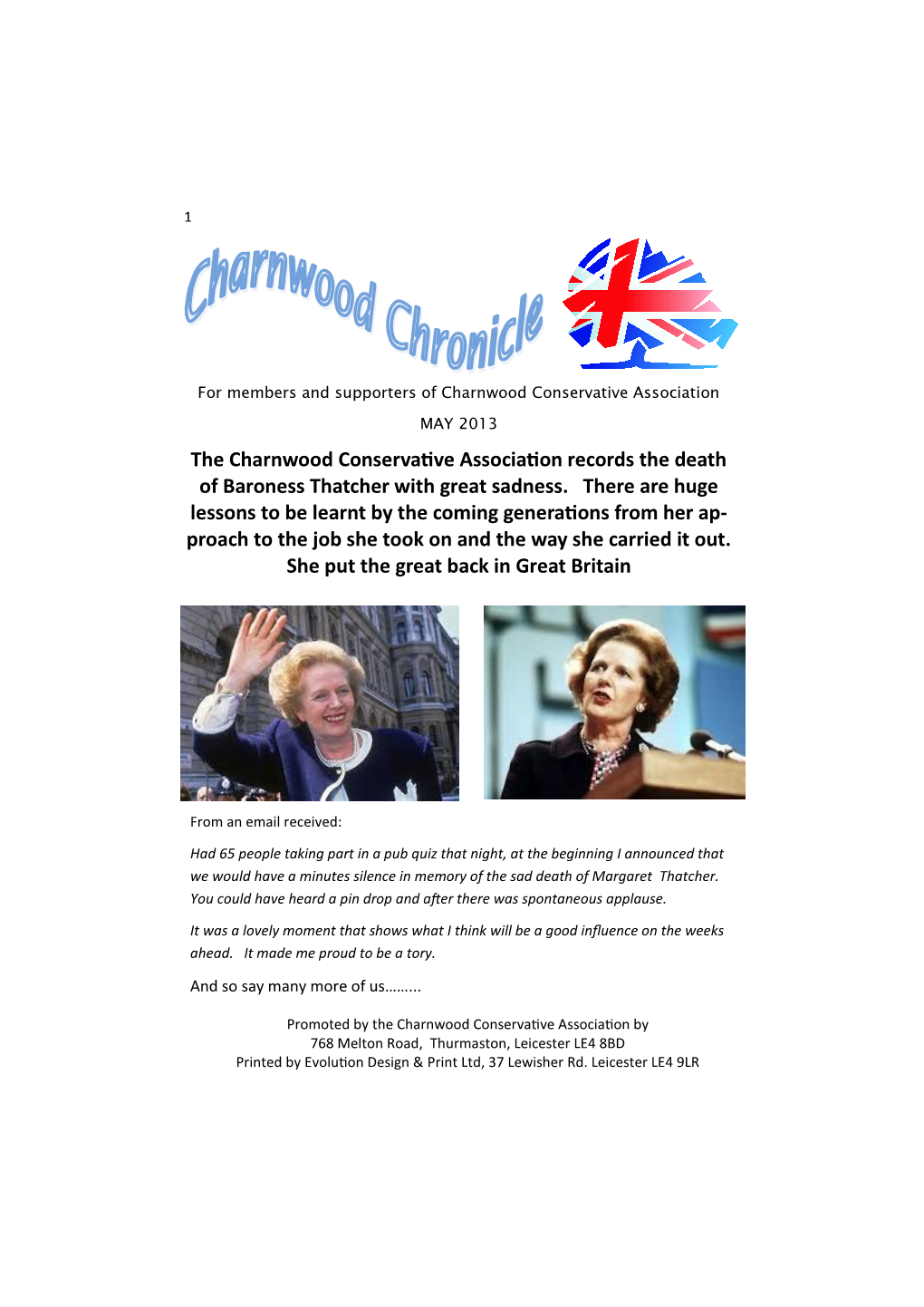 The Charnwood Conservative Association Records the Death of Baroness Thatcher with Great Sadness