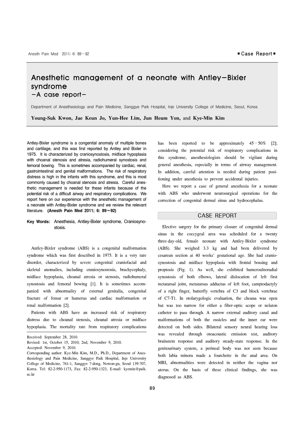 Anesthetic Management of a Neonate with Antley-Bixler Syndrome -A Case Report
