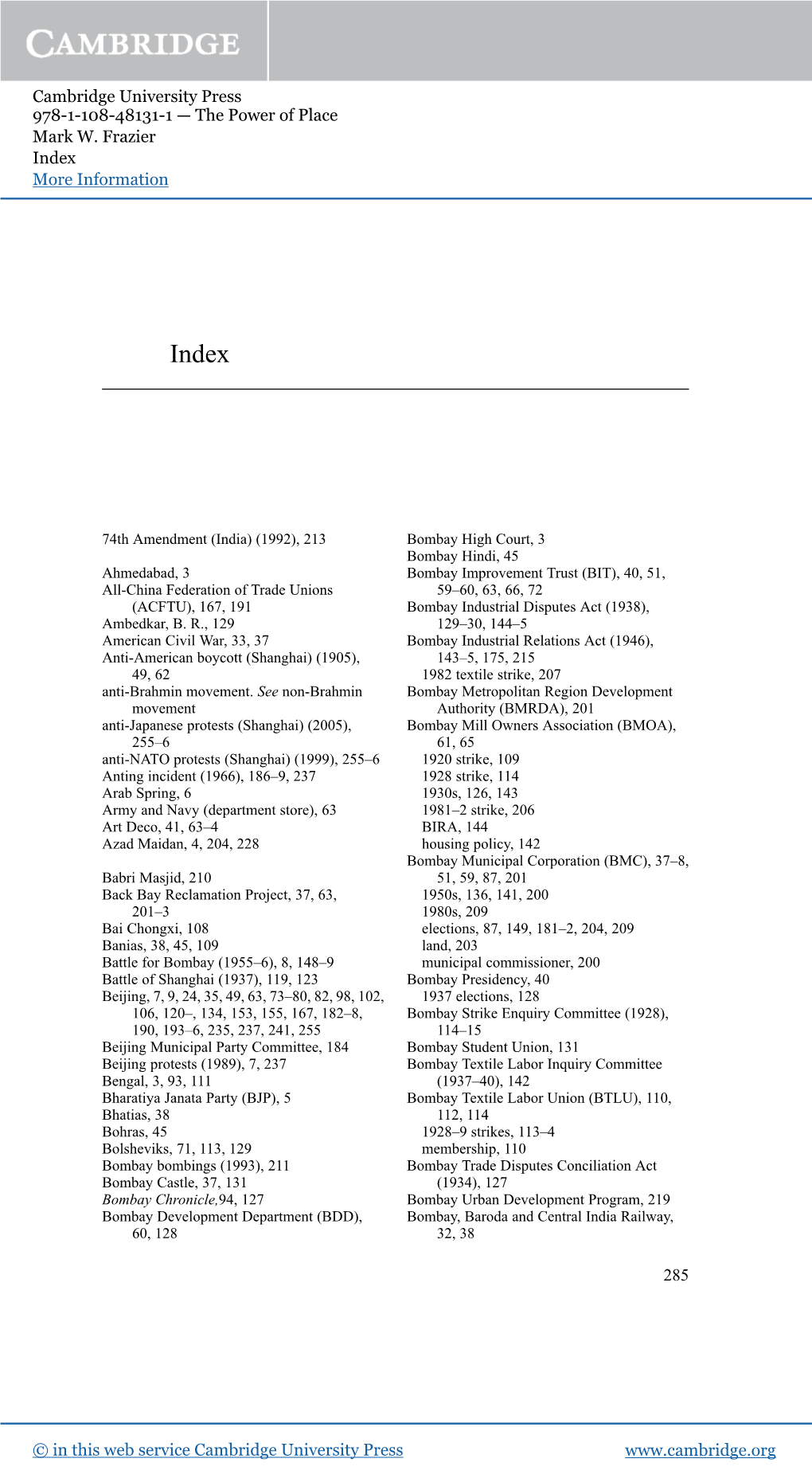 The Power of Place Mark W. Frazier Index More Information Www