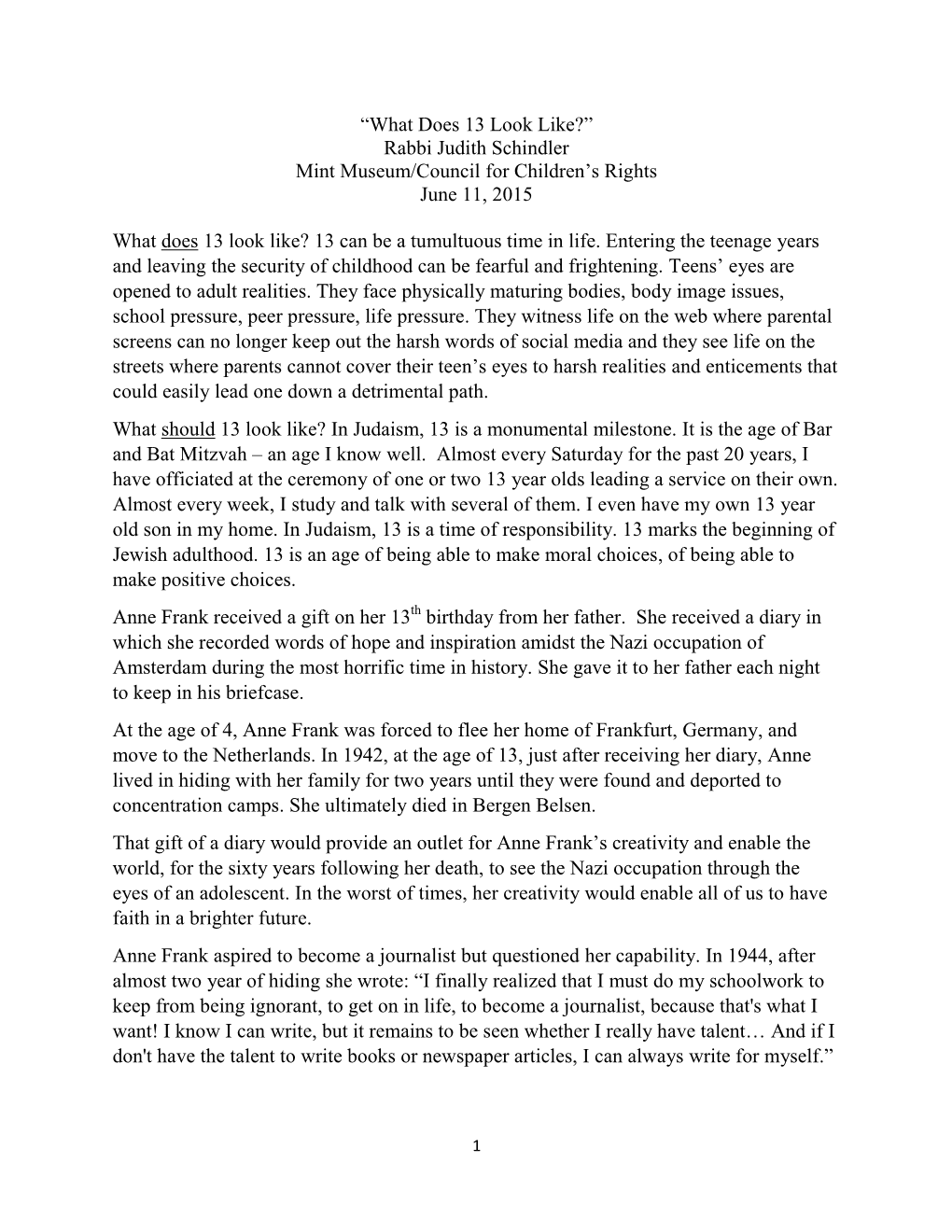 “What Does 13 Look Like?” Rabbi Judith Schindler Mint Museum/Council for Children’S Rights June 11, 2015