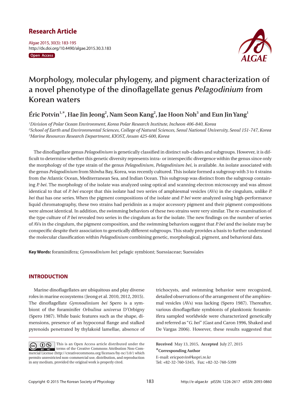 Morphology, Molecular Phylogeny, and Pigment Characterization of a Novel Phenotype of the Dinoflagellate Genuspelagodinium from Korean Waters