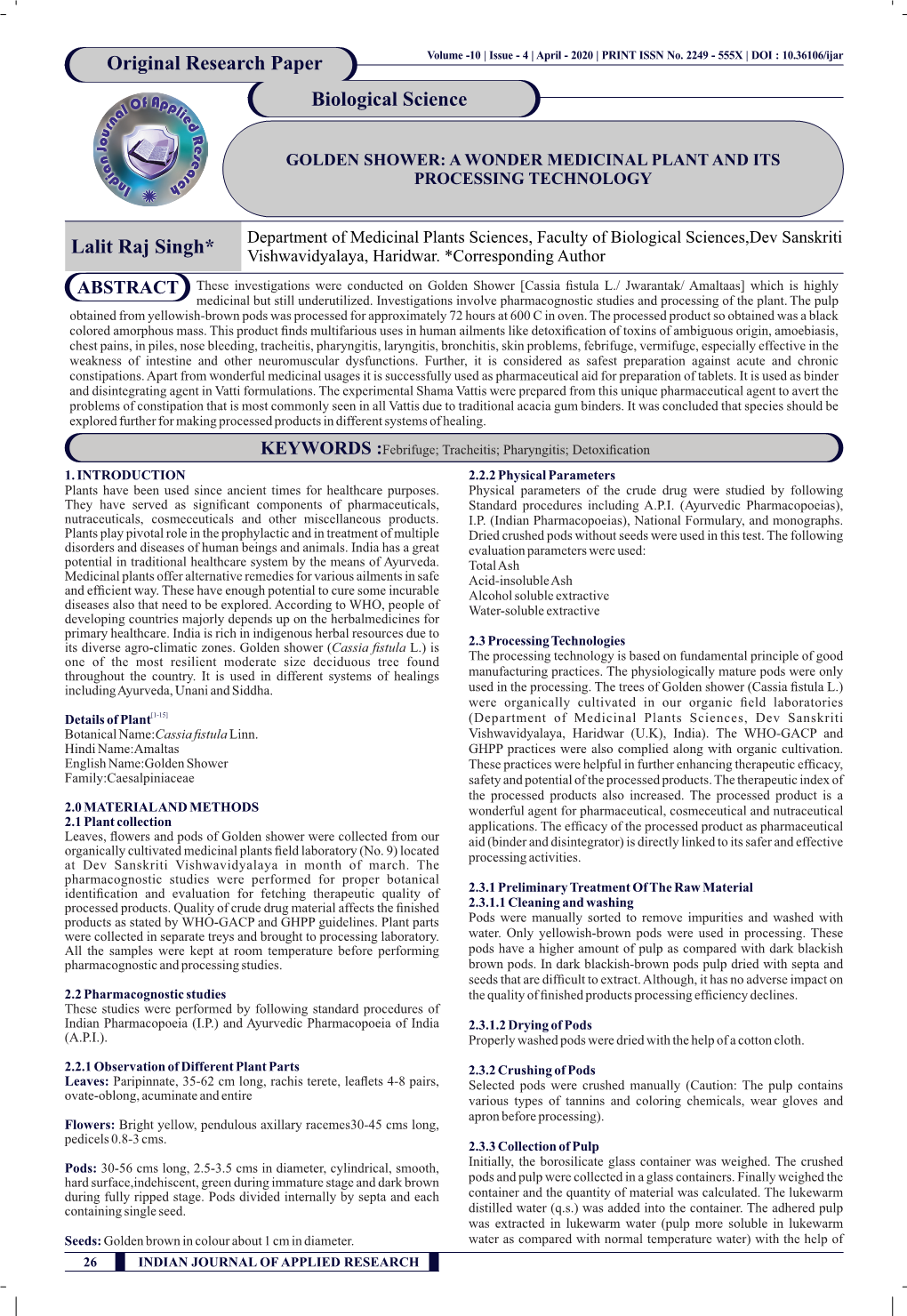 Lalit Raj Singh* Original Research Paper Biological Science