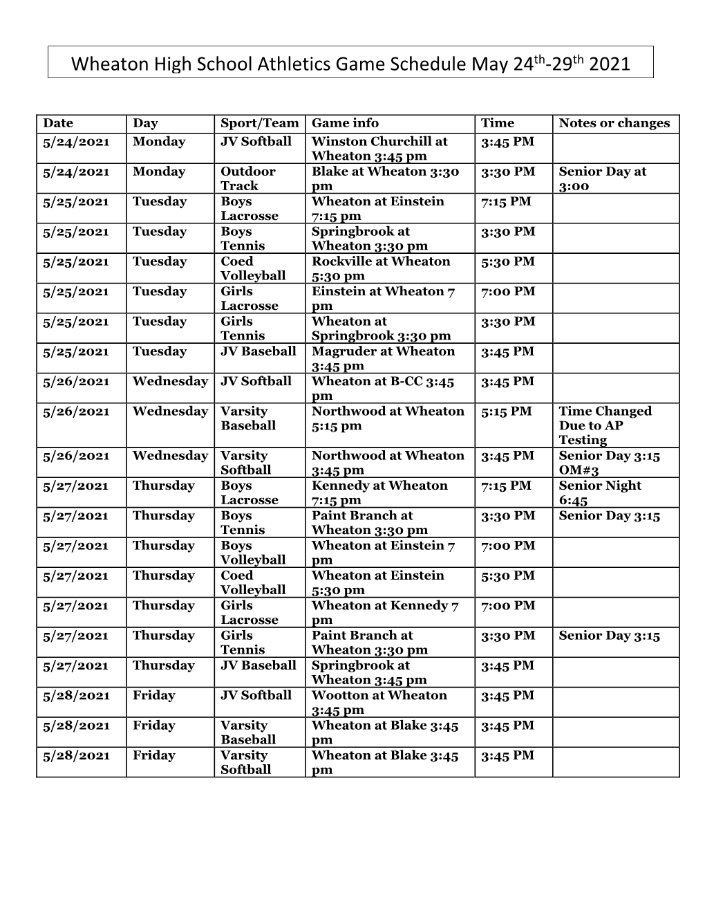 Wheaton High School Athletics Game Schedule May 24 Th‐29Th 2021