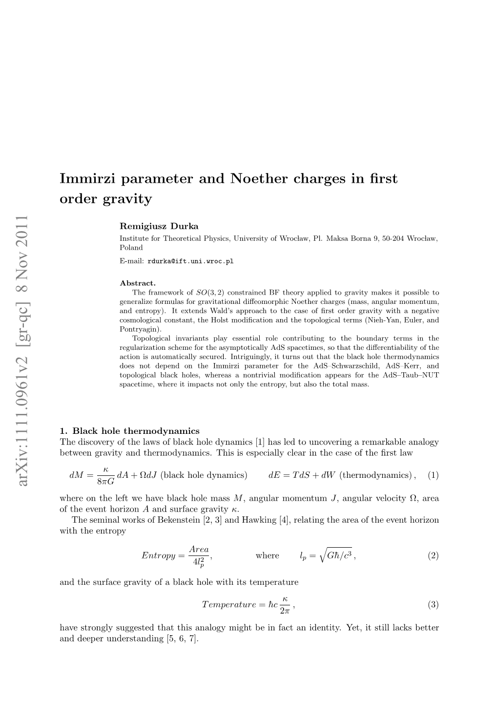 Immirzi Parameter and Noether Charges in First Order Gravity