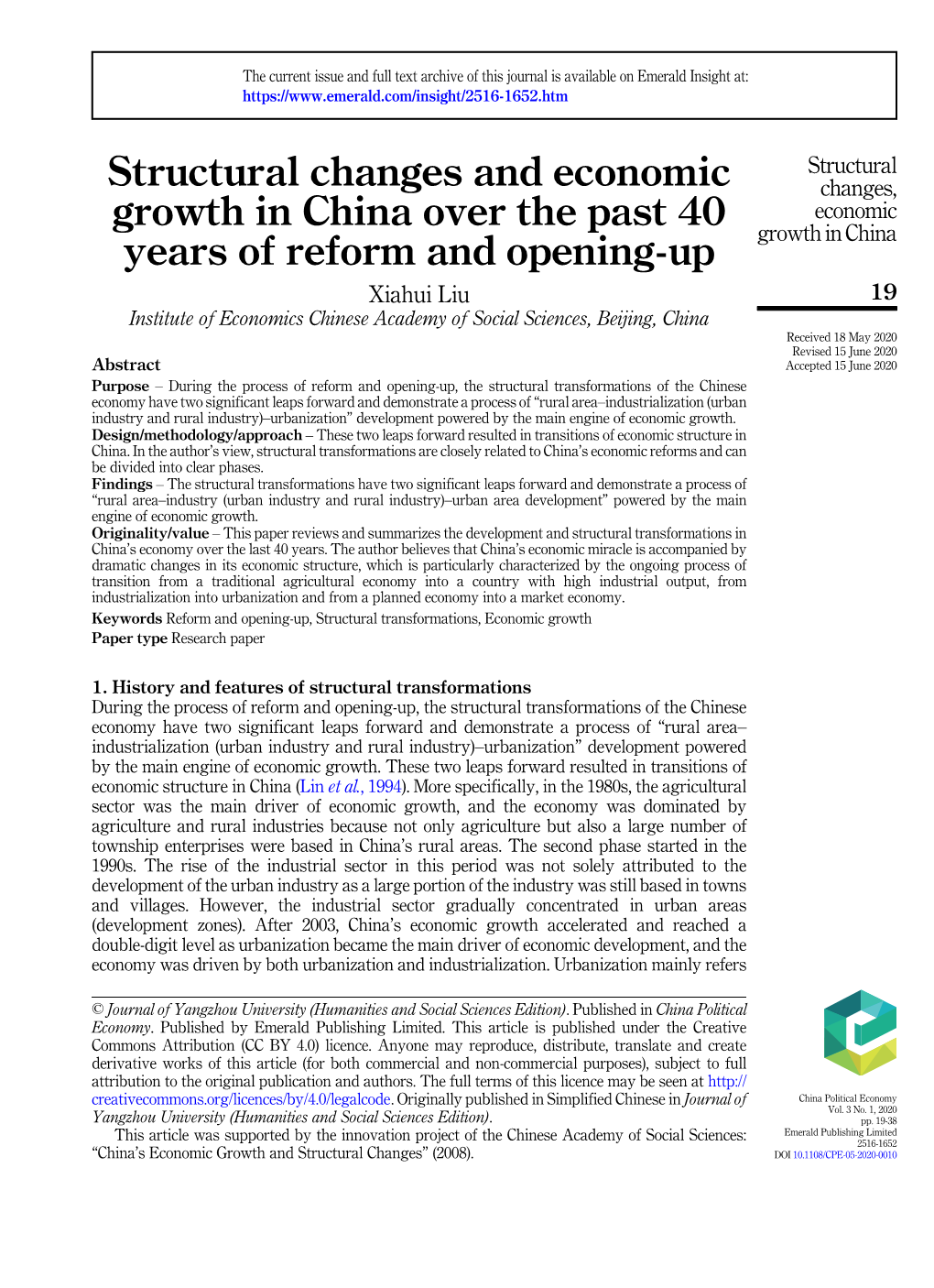 Structural Changes and Economic Growth in China Over the Past 40