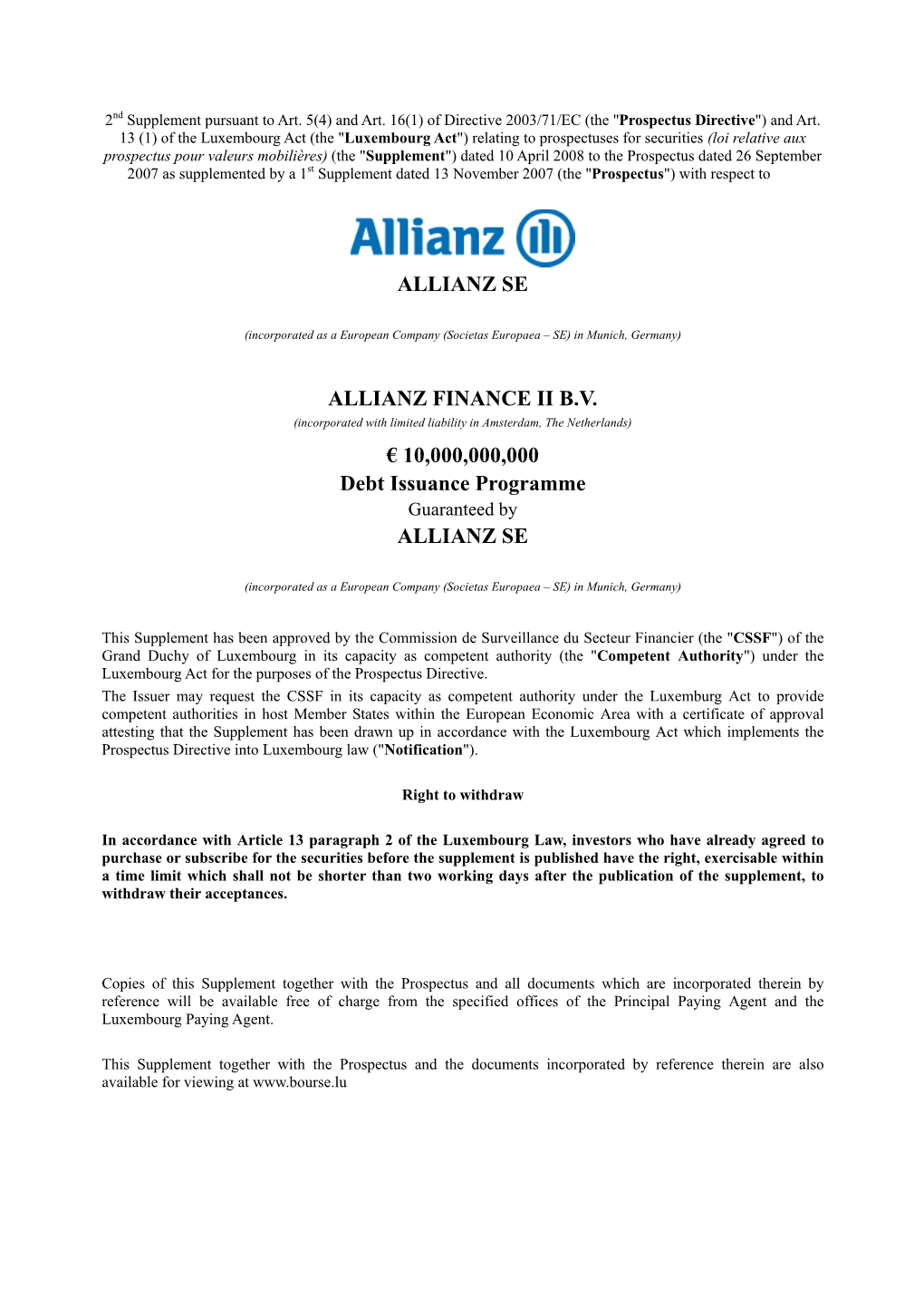 ALLIANZ SE ALLIANZ FINANCE II B.V. € 10,000,000,000 Debt