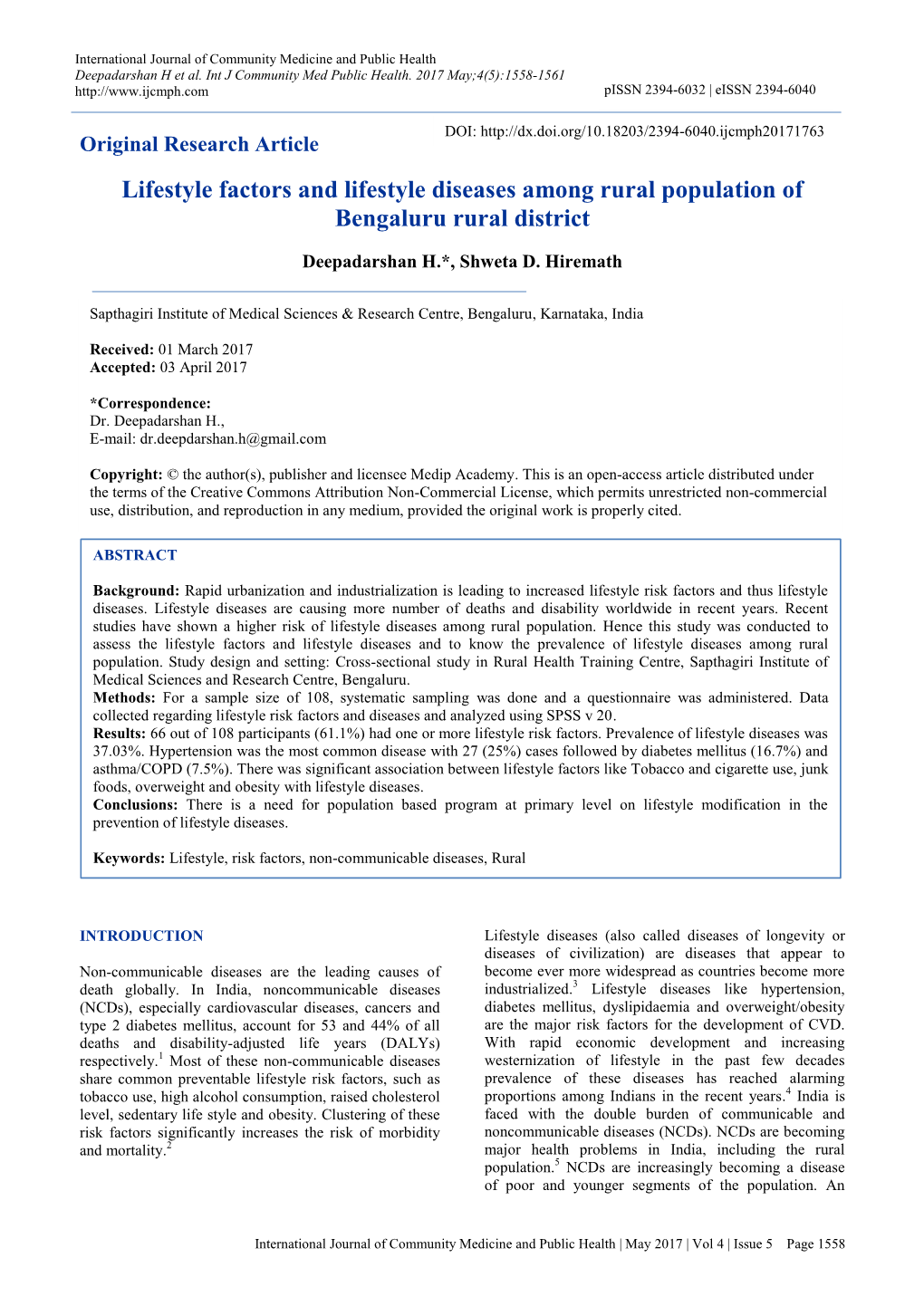 Lifestyle Factors and Lifestyle Diseases Among Rural Population of Bengaluru Rural District