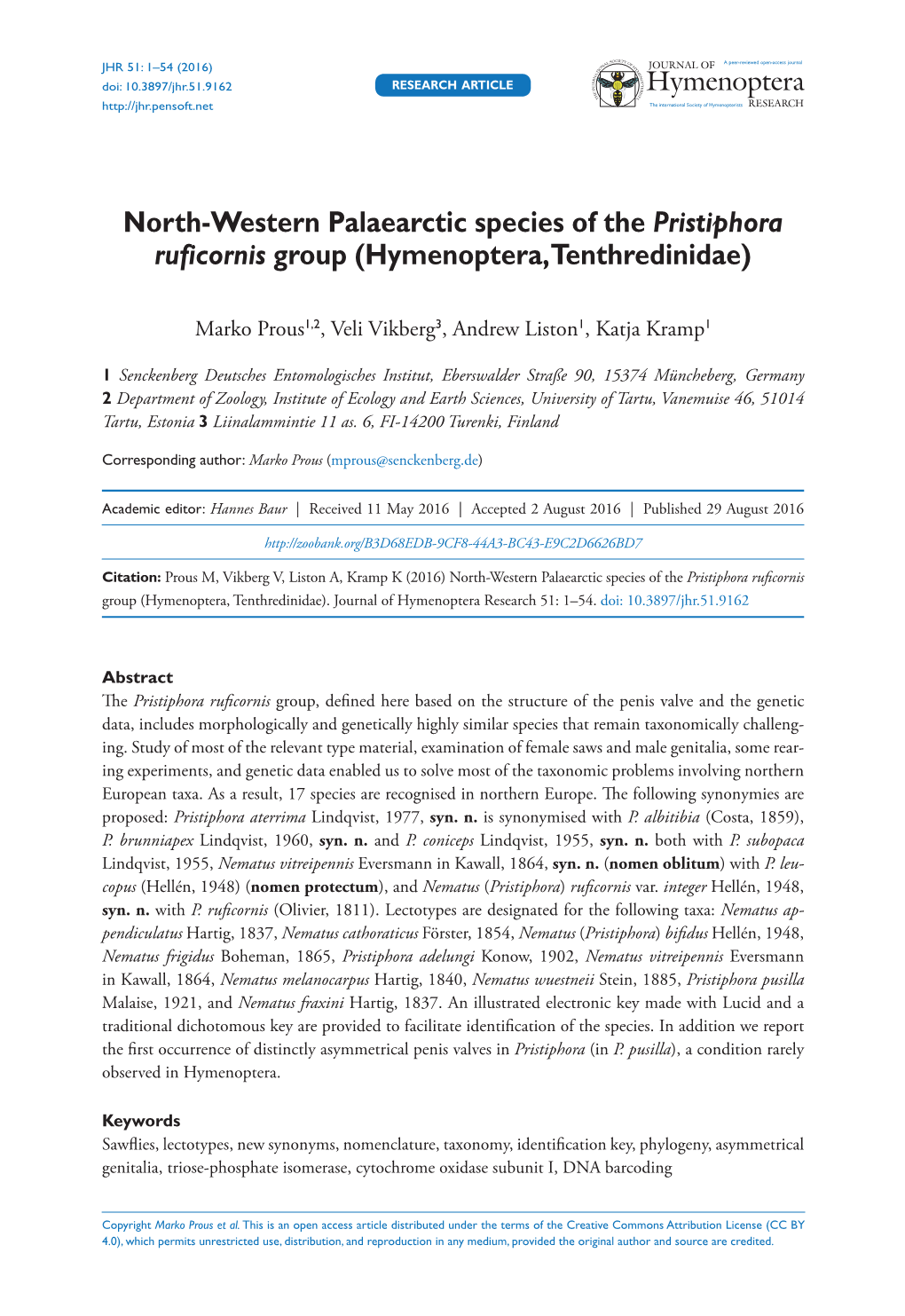 ﻿North-Western Palaearctic Species of the Pristiphora Ruficornis Group