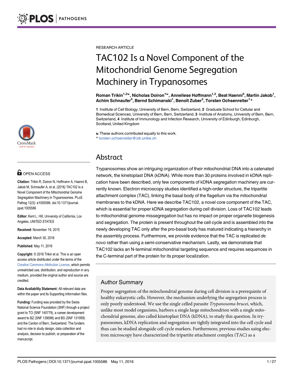 TAC102 Is a Novel Component of the Mitochondrial Genome Segregation Machinery in Trypanosomes