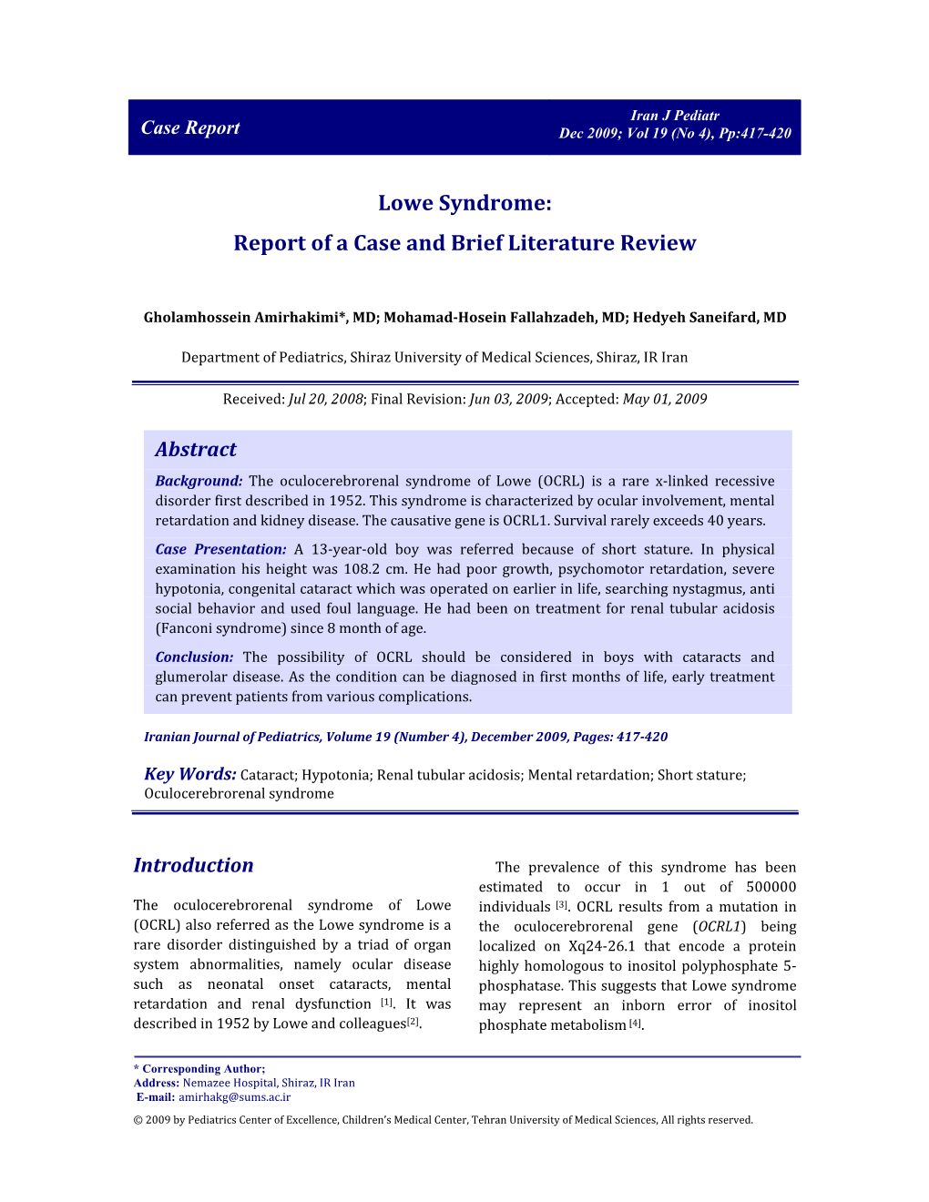 Lowe Syndrome: Report of a Case and Brief Literature Review