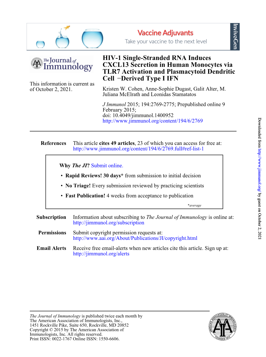 Cell TLR7 Activation and Plasmacytoid Dendritic CXCL13 Secretion in Human Monocytes Via HIV-1 Single-Stra