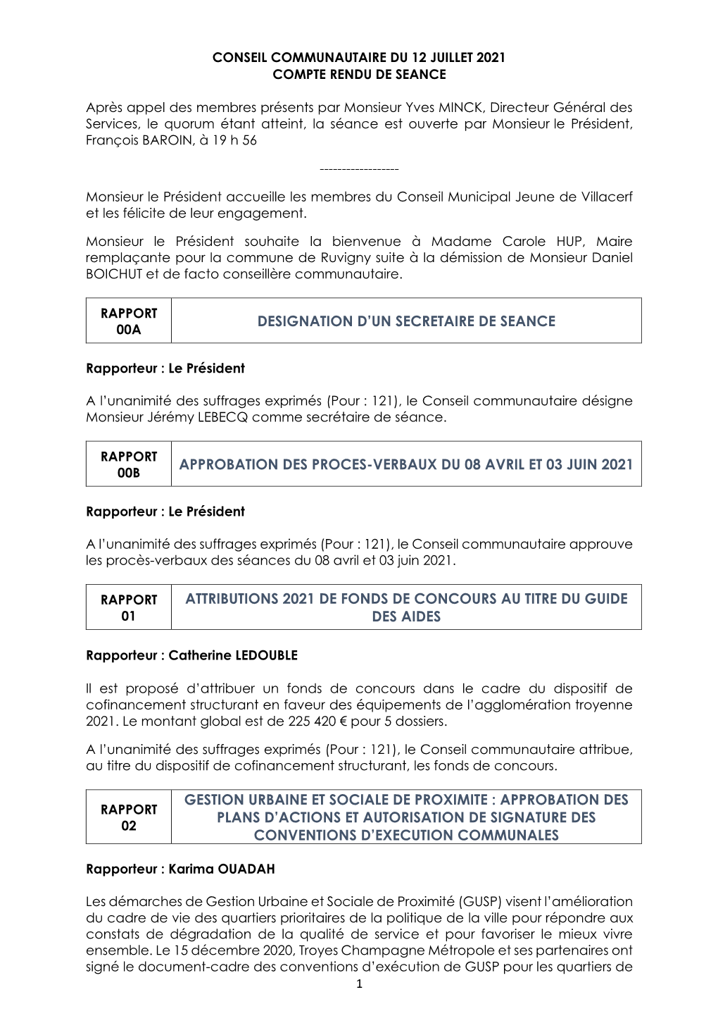 CR Du Conseil Communautaire Du Lundi 12 Juillet 2021