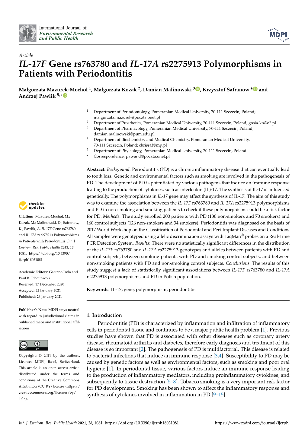 IL-17F Gene Rs763780 and IL-17A Rs2275913 Polymorphisms in Patients with Periodontitis